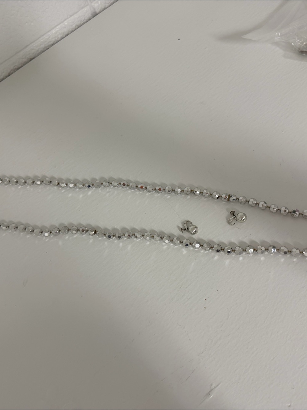 Silver Faceted Bead Necklace and Stud clip on Earring Set Mid Century Vintage